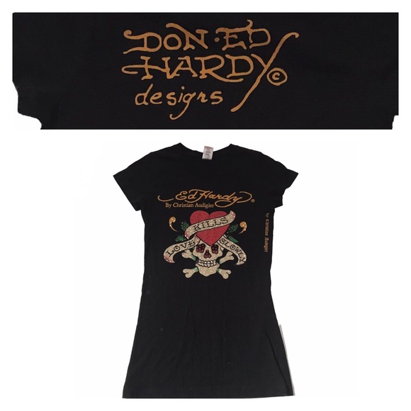 Ed Hardy Tops - Vintage Don Ed Hardy by Christian Audigier T-Shirt XS Black Shirt Sleeve Tee